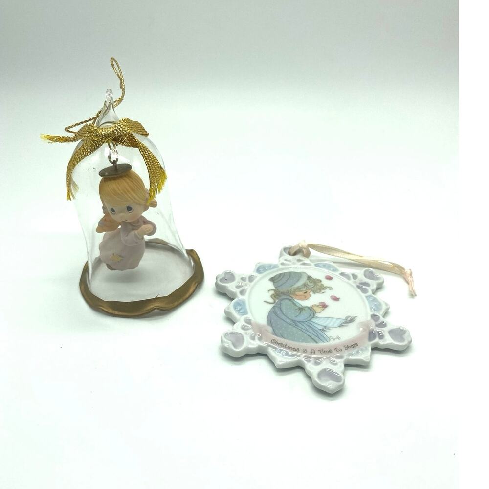 Two Precious moments Christmas Ornaments Glass bell, ceramic snowflake.